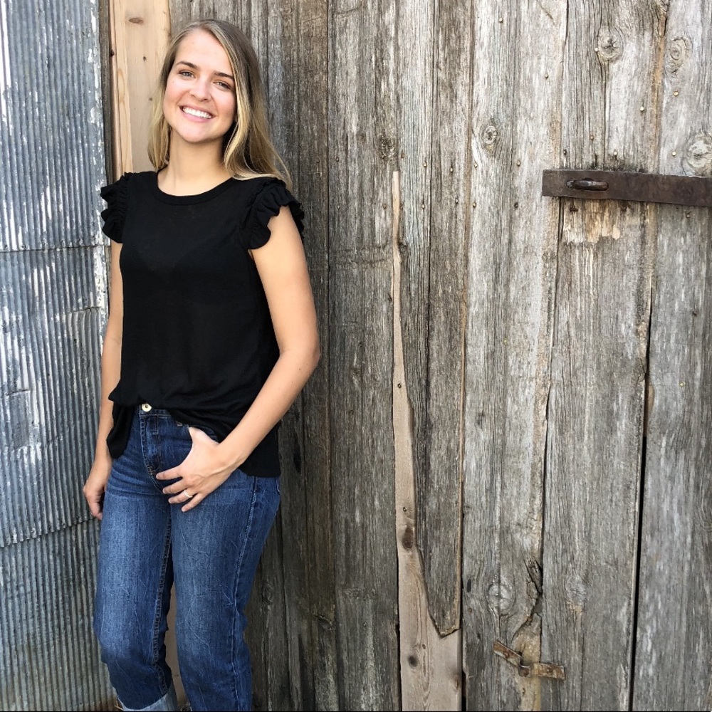 Black Semi-Sheer Ruffle Shoulder Tee
